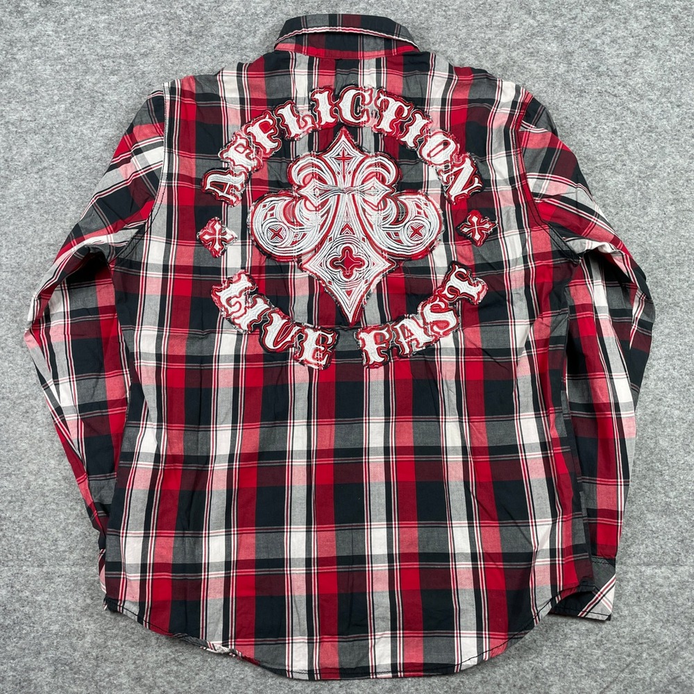 Affliction Shirt Mens XL Red Black Premium Plaid Live Fast Embroidered Y2K